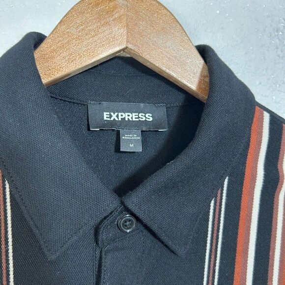 Express Striped Luxe Polo Button Up Shirt Mens M Black Short Sleeve Pique - Picture 5 of 7